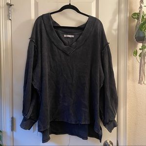 free people black ribbed asher thermal sweater top v-neck